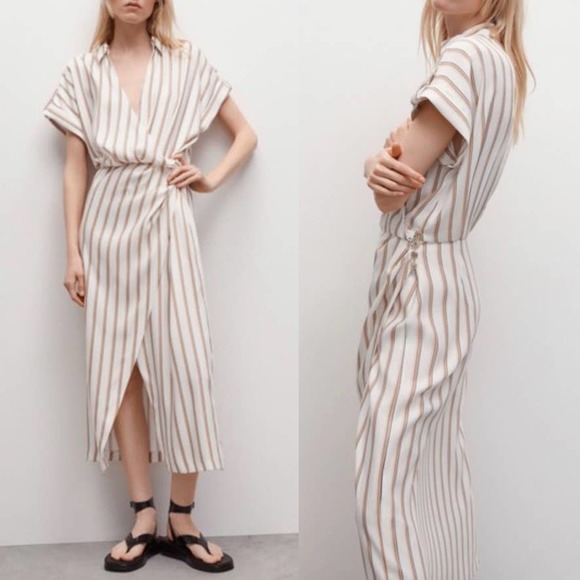 ZARA NWT Striped Ecru Draped Wrap Dress Midi Length Business Casual Size XL - Picture 3 of 13